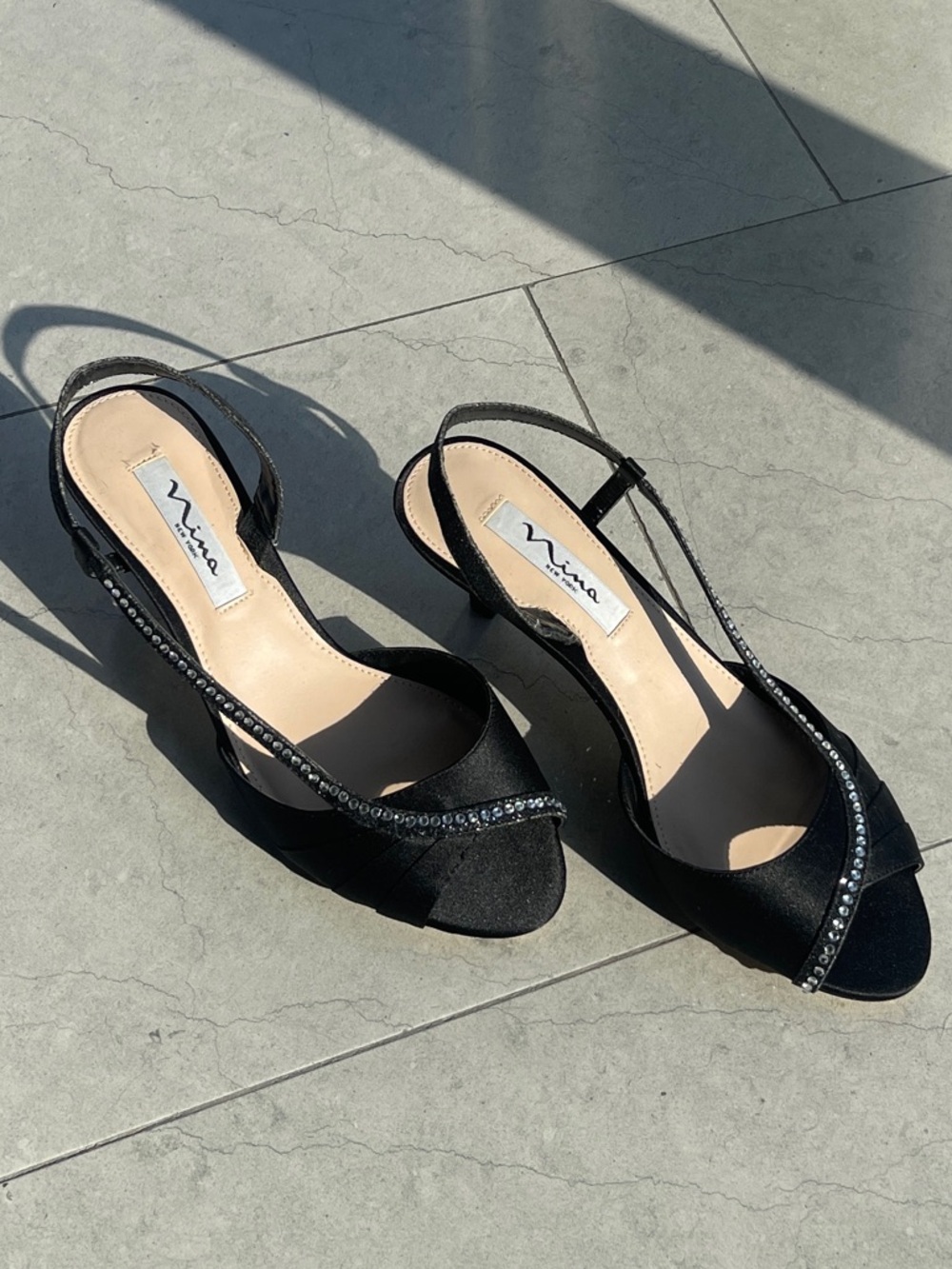 Nina Black Crystal-Trim Slingback Heels